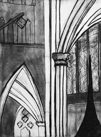 St Patricks Cathedral Arches; 
2019; charcoal on paper, 24 x 18"